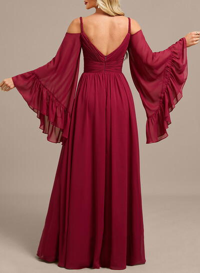Elegant Plunge Neck Long Sleeves A-Line Floor-Length Chiffon Evening Dresses With Ruffle/High Split