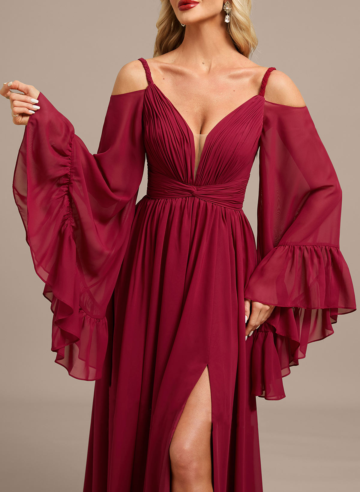 Elegant Plunge Neck Long Sleeves A-Line Floor-Length Chiffon Evening Dresses With Ruffle/High Split