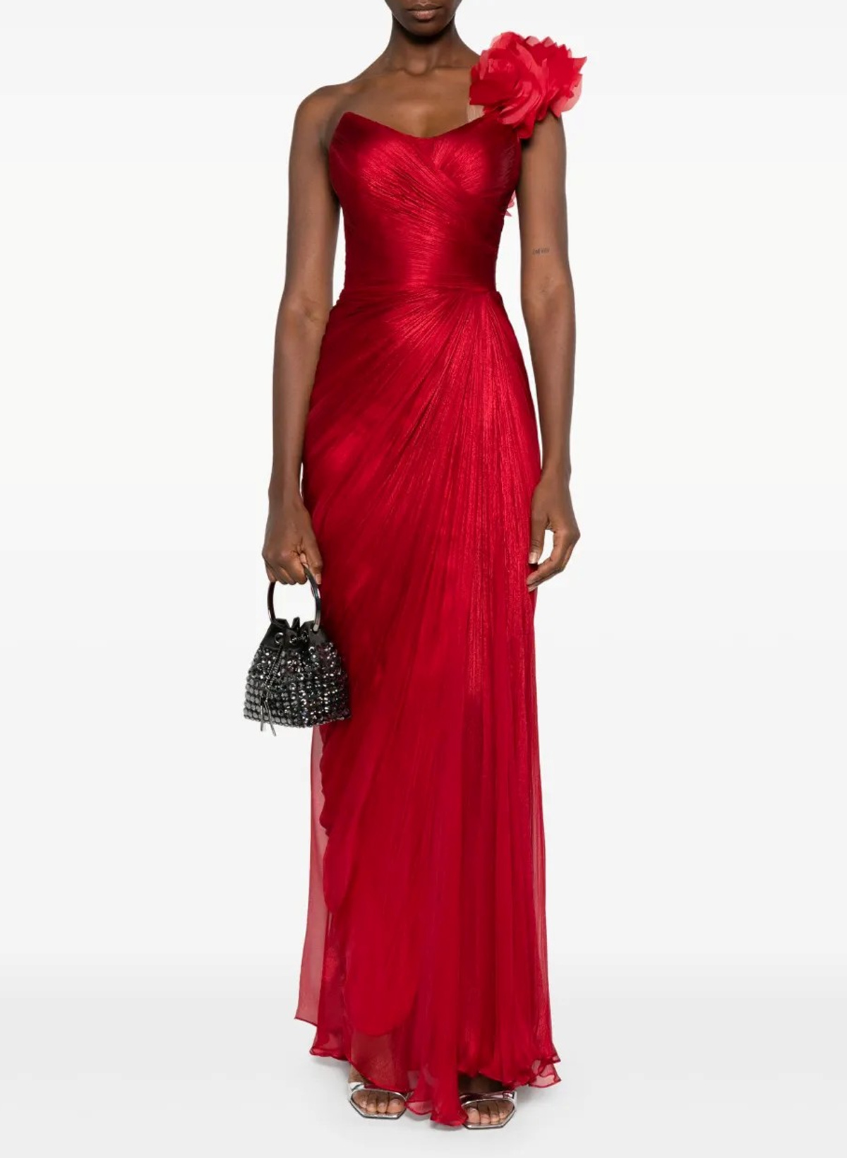 Elegant One-Shoulder Sleeveless Floor-Length Chiffon Evening Dresses With Ruffle/Pleated/Flower(s)