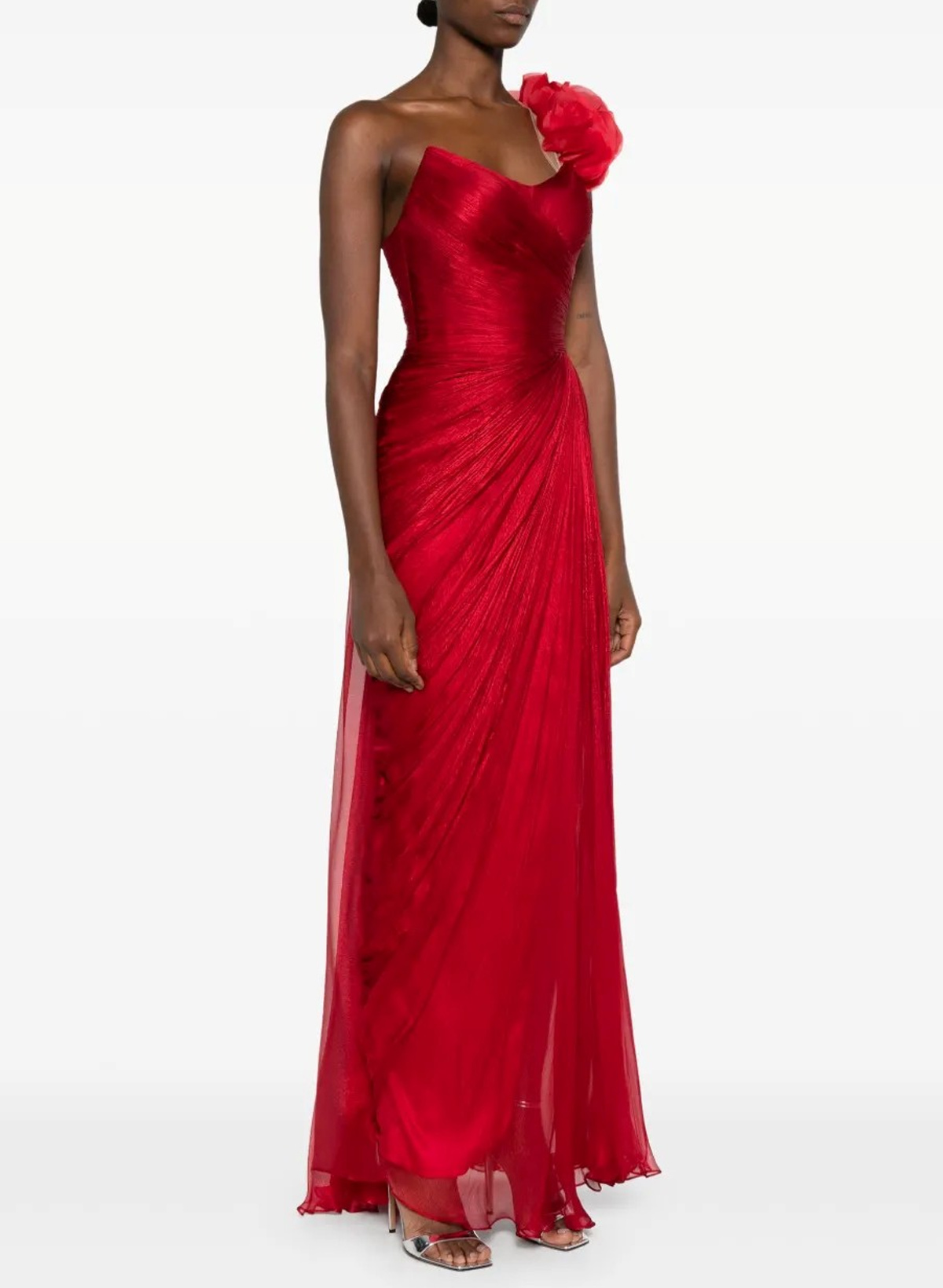 Elegant One-Shoulder Sleeveless Floor-Length Chiffon Evening Dresses With Ruffle/Pleated/Flower(s)