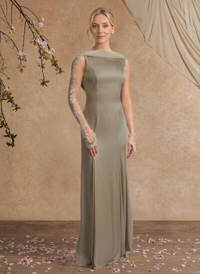 Sheath/Column Scoop Neck Long Sleeves Sweep Train Crepe Satin Evening Dresses With Appliques Lace