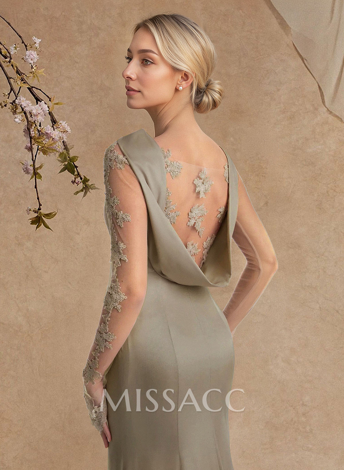 Sheath/Column Scoop Neck Long Sleeves Sweep Train Crepe Satin Evening Dresses With Appliques Lace