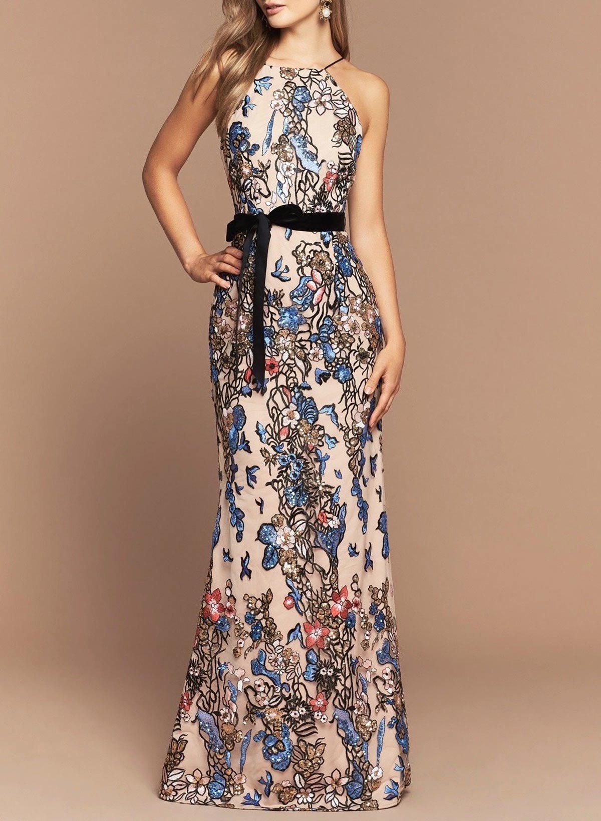 Sparkle & Shine Halter Sleeveless Mermaid Floor-Length Sequined Evening Dresses With Sash