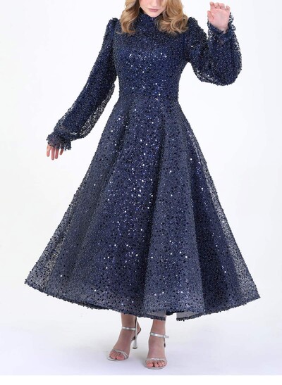 A-Line High Neck Long Sleeves Ankle-Length Evening Dresses With Sequins