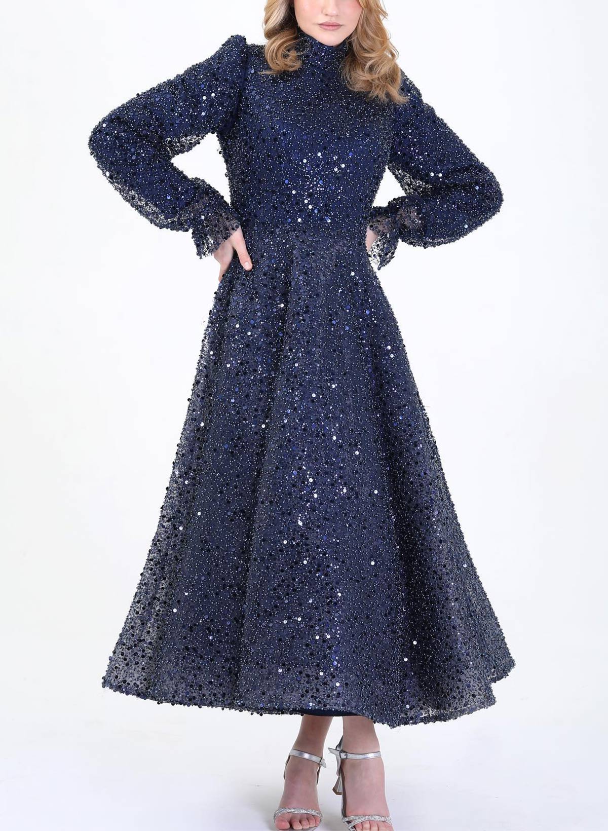 A-Line High Neck Long Sleeves Ankle-Length Evening Dresses With Sequins