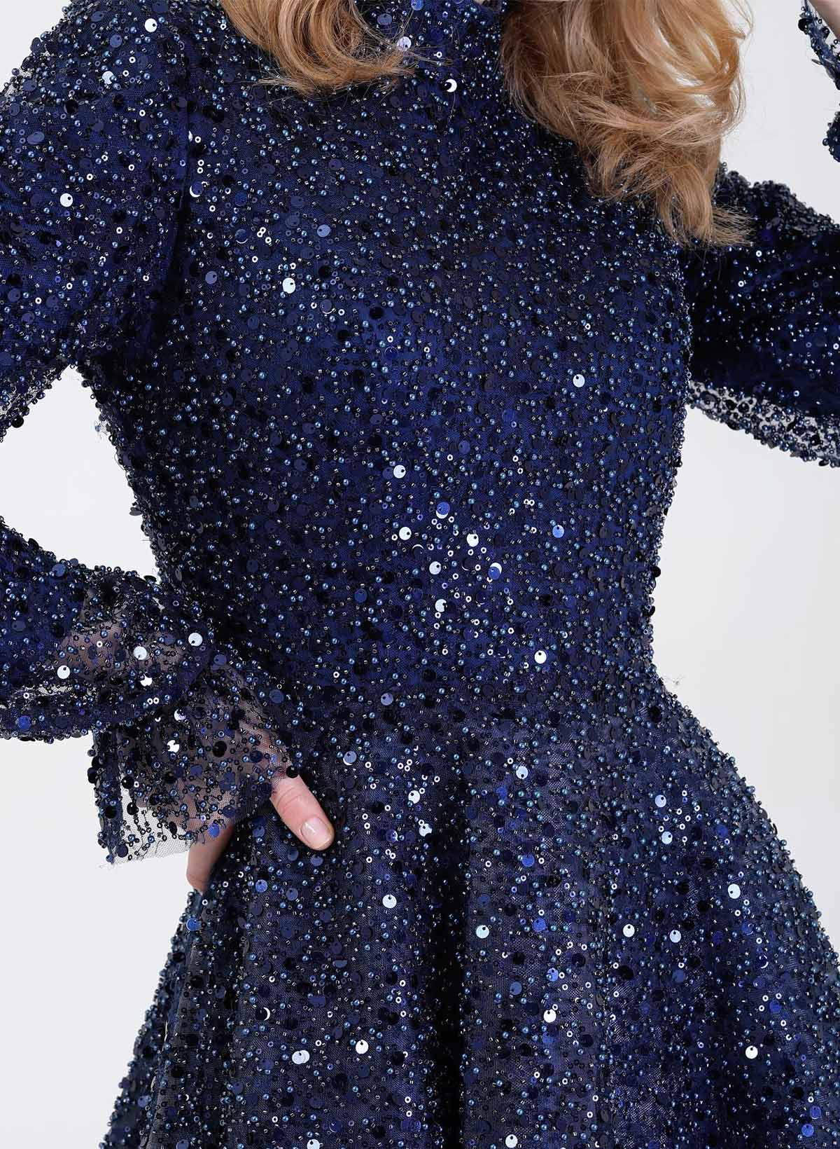 A-Line High Neck Long Sleeves Ankle-Length Evening Dresses With Sequins
