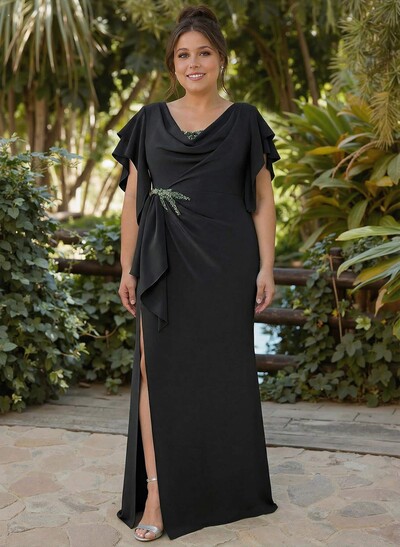 Sheath/Column Illusion Neck Cape Sleeves Floor-Length Elastic Satin Evening Dresses