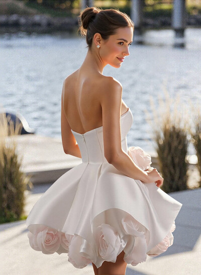 A-Line Strapless Sleeveless Short/Mini Twill Satin Homecoming Dresses With Flower(s)