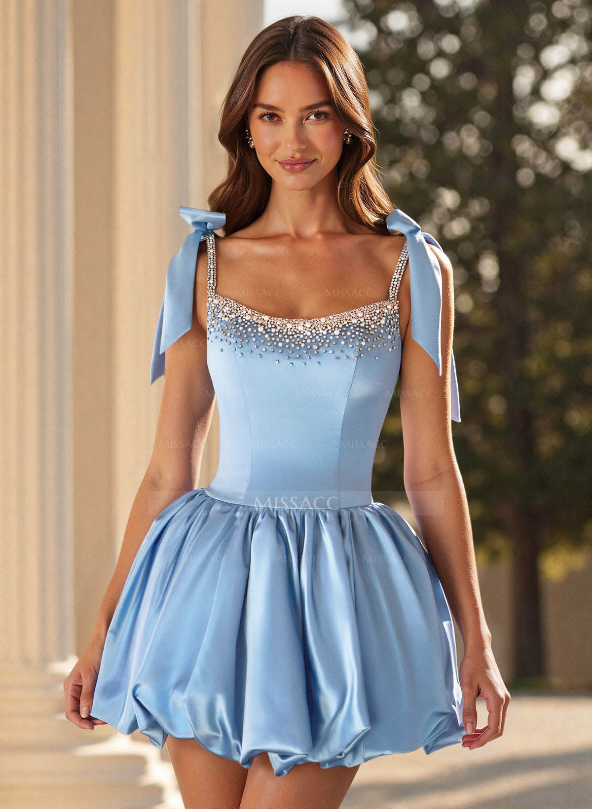 A-Line Square Neckline Sleeveless Short Mini Soft Satin Homecoming Dresses With Rhinestone Bubble Hem