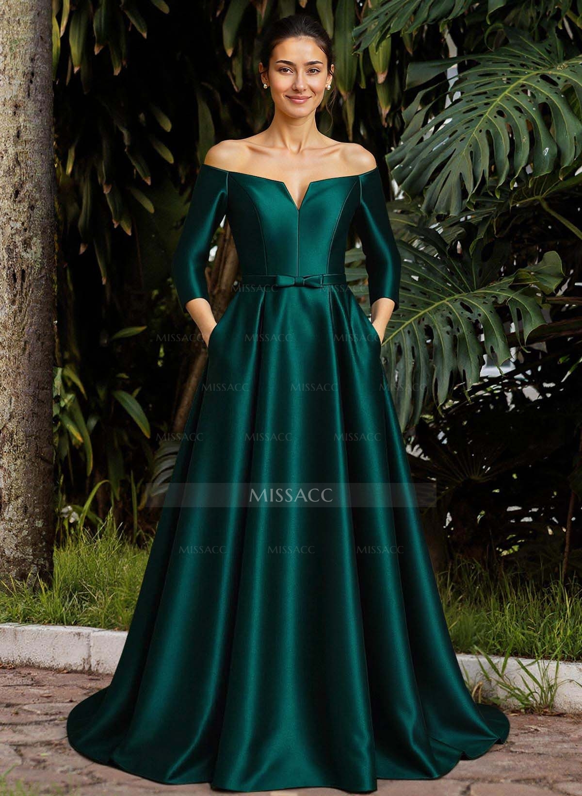 Elegant Off-The-Shoulder 3/4 Sleeves A-Line Sweep Train Satin Mother Of The Bride Dresses With Bow(s)