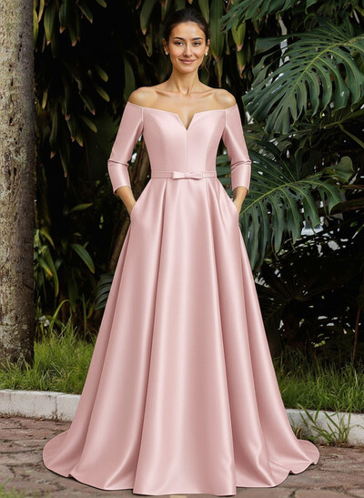 Elegant Off-The-Shoulder 3/4 Sleeves A-Line Sweep Train Satin Mother Of The Bride Dresses With Bow(s)