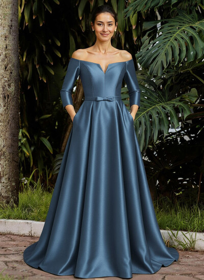 Elegant Off-The-Shoulder 3/4 Sleeves A-Line Sweep Train Satin Mother Of The Bride Dresses With Bow(s)