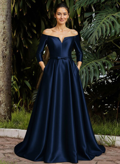Elegant Off-The-Shoulder 3/4 Sleeves A-Line Sweep Train Satin Mother Of The Bride Dresses With Bow(s)
