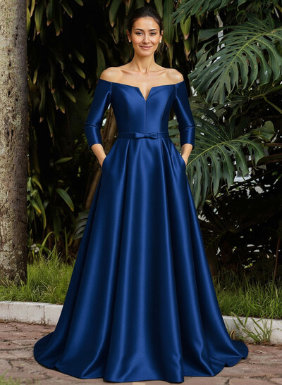Elegant Off-The-Shoulder 3/4 Sleeves A-Line Sweep Train Satin Mother Of The Bride Dresses With Bow(s)