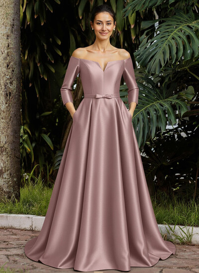 Elegant Off-The-Shoulder 3/4 Sleeves A-Line Sweep Train Satin Mother Of The Bride Dresses With Bow(s)