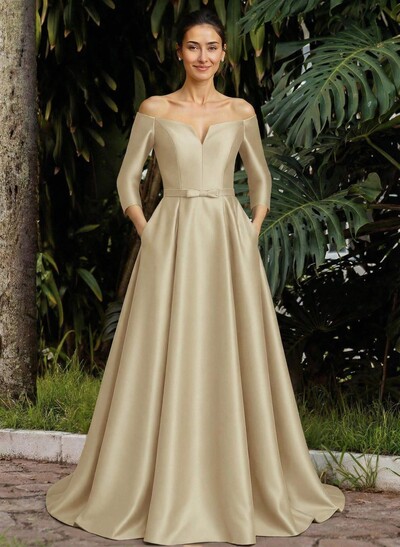 Elegant Off-The-Shoulder 3/4 Sleeves A-Line Sweep Train Satin Mother Of The Bride Dresses With Bow(s)