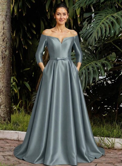 Elegant Off-The-Shoulder 3/4 Sleeves A-Line Sweep Train Satin Mother Of The Bride Dresses With Bow(s)