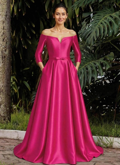 Elegant Off-The-Shoulder 3/4 Sleeves A-Line Sweep Train Satin Mother Of The Bride Dresses With Bow(s)