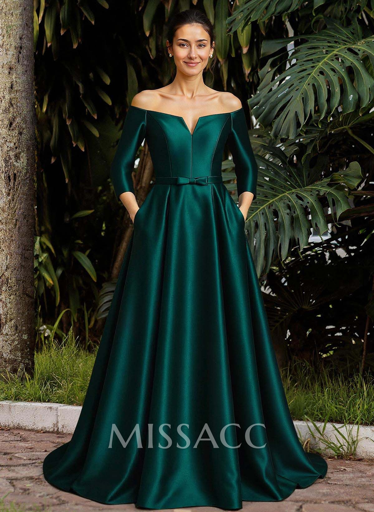 Elegant Off-The-Shoulder 3/4 Sleeves A-Line Sweep Train Satin Mother Of The Bride Dresses With Bow(s)