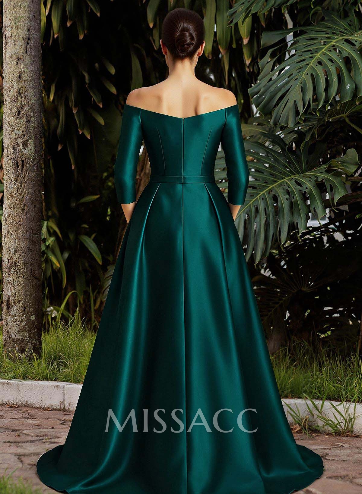 Elegant Off-The-Shoulder 3/4 Sleeves A-Line Sweep Train Satin Mother Of The Bride Dresses With Bow(s)