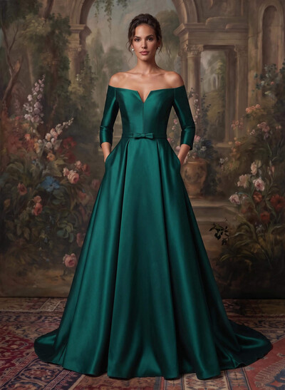 Elegant Off-The-Shoulder 3/4 Sleeves A-Line Sweep Train Satin Mother Of The Bride Dresses With Bow(s)