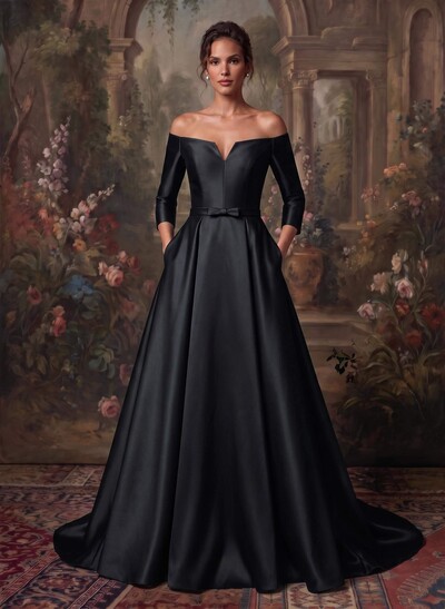 Elegant Off-The-Shoulder 3/4 Sleeves A-Line Sweep Train Satin Mother Of The Bride Dresses With Bow(s)