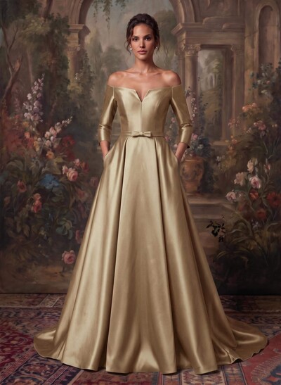 Elegant Off-The-Shoulder 3/4 Sleeves A-Line Sweep Train Satin Mother Of The Bride Dresses With Bow(s)