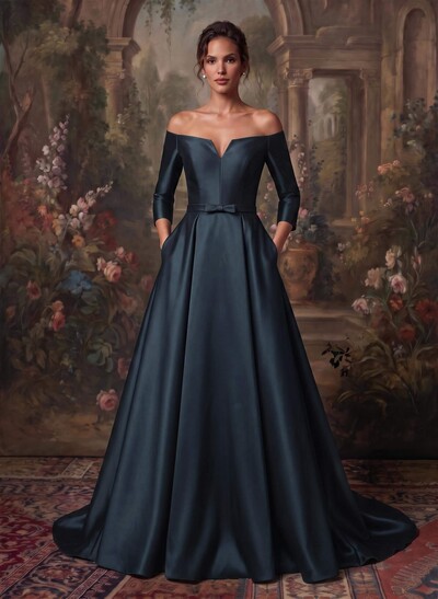Elegant Off-The-Shoulder 3/4 Sleeves A-Line Sweep Train Satin Mother Of The Bride Dresses With Bow(s)