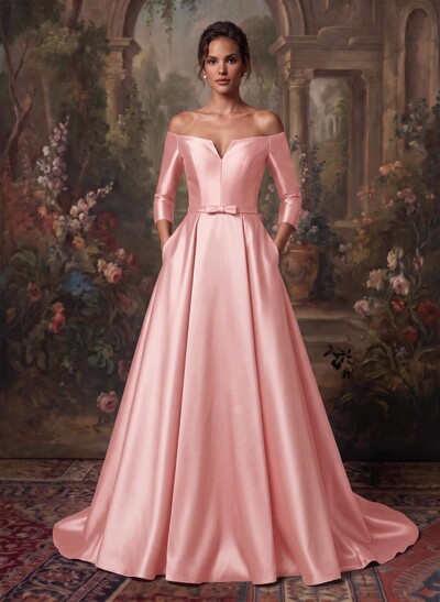 Elegant Off-The-Shoulder 3/4 Sleeves A-Line Sweep Train Satin Mother Of The Bride Dresses With Bow(s)