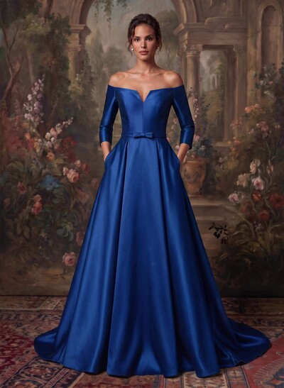 Elegant Off-The-Shoulder 3/4 Sleeves A-Line Sweep Train Satin Mother Of The Bride Dresses With Bow(s)