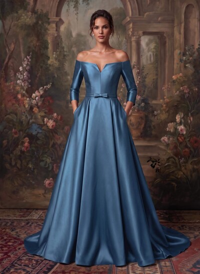 Elegant Off-The-Shoulder 3/4 Sleeves A-Line Sweep Train Satin Mother Of The Bride Dresses With Bow(s)