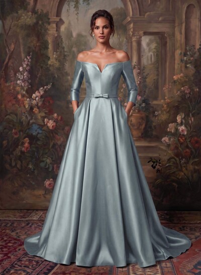 Elegant Off-The-Shoulder 3/4 Sleeves A-Line Sweep Train Satin Mother Of The Bride Dresses With Bow(s)
