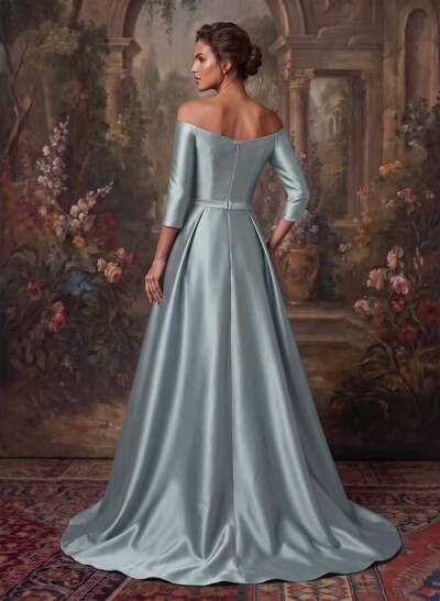 Elegant Off-The-Shoulder 3/4 Sleeves A-Line Sweep Train Satin Mother Of The Bride Dresses With Bow(s)