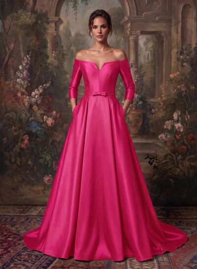 Elegant Off-The-Shoulder 3/4 Sleeves A-Line Sweep Train Satin Mother Of The Bride Dresses With Bow(s)