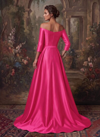 Elegant Off-The-Shoulder 3/4 Sleeves A-Line Sweep Train Satin Mother Of The Bride Dresses With Bow(s)