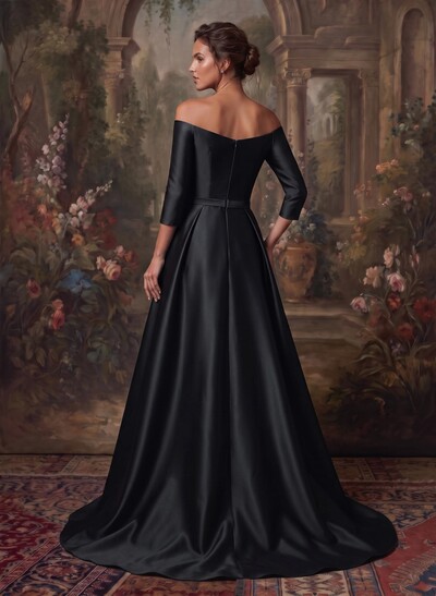 Elegant Off-The-Shoulder 3/4 Sleeves A-Line Sweep Train Satin Mother Of The Bride Dresses With Bow(s)