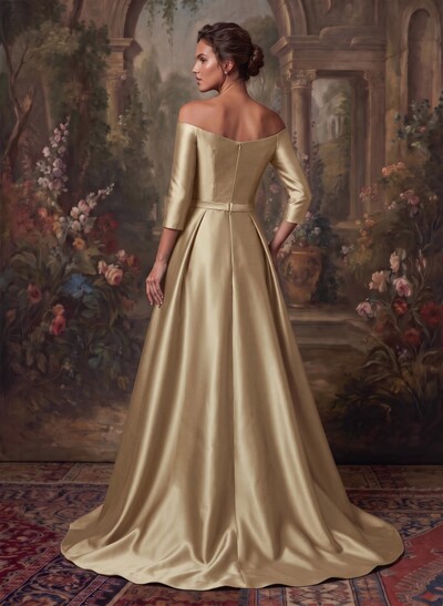 Elegant Off-The-Shoulder 3/4 Sleeves A-Line Sweep Train Satin Mother Of The Bride Dresses With Bow(s)