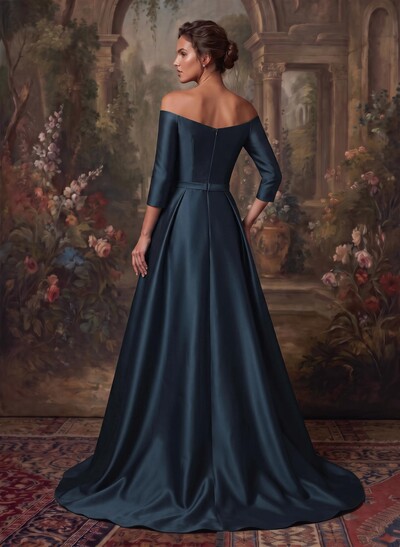 Elegant Off-The-Shoulder 3/4 Sleeves A-Line Sweep Train Satin Mother Of The Bride Dresses With Bow(s)