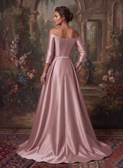Elegant Off-The-Shoulder 3/4 Sleeves A-Line Sweep Train Satin Mother Of The Bride Dresses With Bow(s)