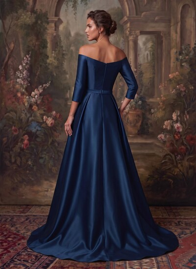 Elegant Off-The-Shoulder 3/4 Sleeves A-Line Sweep Train Satin Mother Of The Bride Dresses With Bow(s)