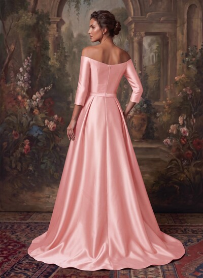 Elegant Off-The-Shoulder 3/4 Sleeves A-Line Sweep Train Satin Mother Of The Bride Dresses With Bow(s)
