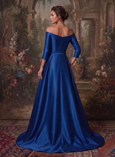 Elegant Off-The-Shoulder 3/4 Sleeves A-Line Sweep Train Satin Mother Of The Bride Dresses With Bow(s)