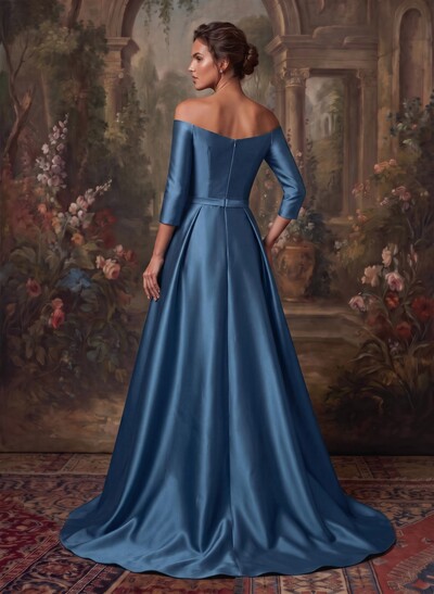 Elegant Off-The-Shoulder 3/4 Sleeves A-Line Sweep Train Satin Mother Of The Bride Dresses With Bow(s)