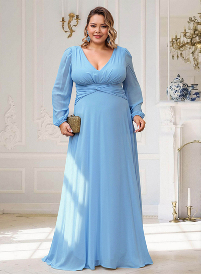 Elegant V-Neck Long Sleeves A-Line Floor-Length Chiffon Mother Of The Bride Dresses