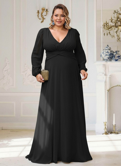 Elegant V-Neck Long Sleeves A-Line Floor-Length Chiffon Mother Of The Bride Dresses