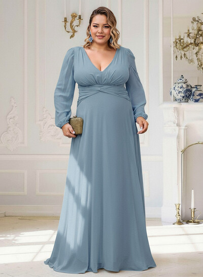 Elegant V-Neck Long Sleeves A-Line Floor-Length Chiffon Mother Of The Bride Dresses