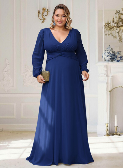 Elegant V-Neck Long Sleeves A-Line Floor-Length Chiffon Mother Of The Bride Dresses