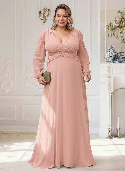 Elegant V-Neck Long Sleeves A-Line Floor-Length Chiffon Mother Of The Bride Dresses