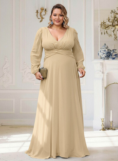 Elegant V-Neck Long Sleeves A-Line Floor-Length Chiffon Mother Of The Bride Dresses