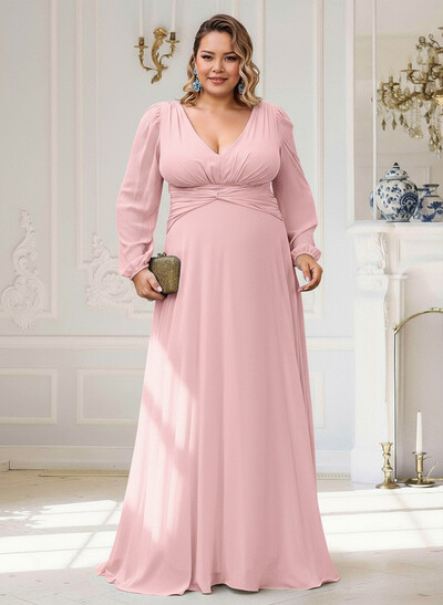 Elegant V-Neck Long Sleeves A-Line Floor-Length Chiffon Mother Of The Bride Dresses